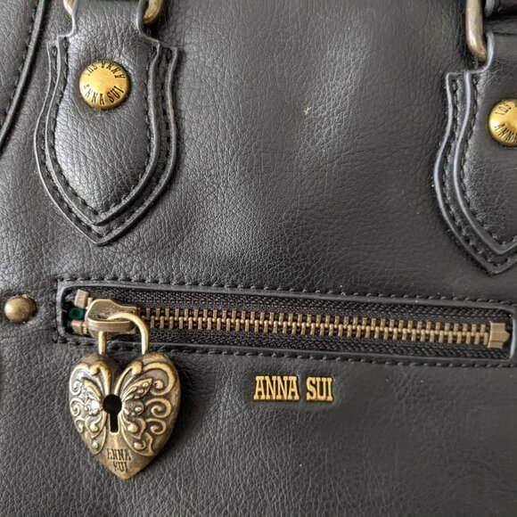 Anna Sui Black Leather Satchel Tote Hand Bag with Locket - Picture 3 of 6